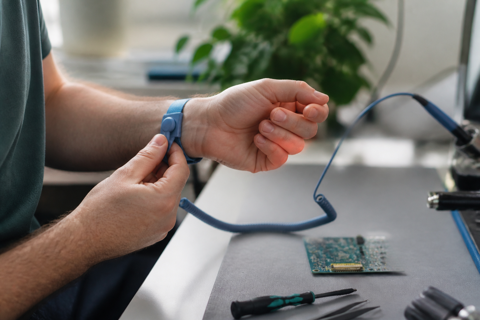 Fitting an ESD wrist strap at the bench