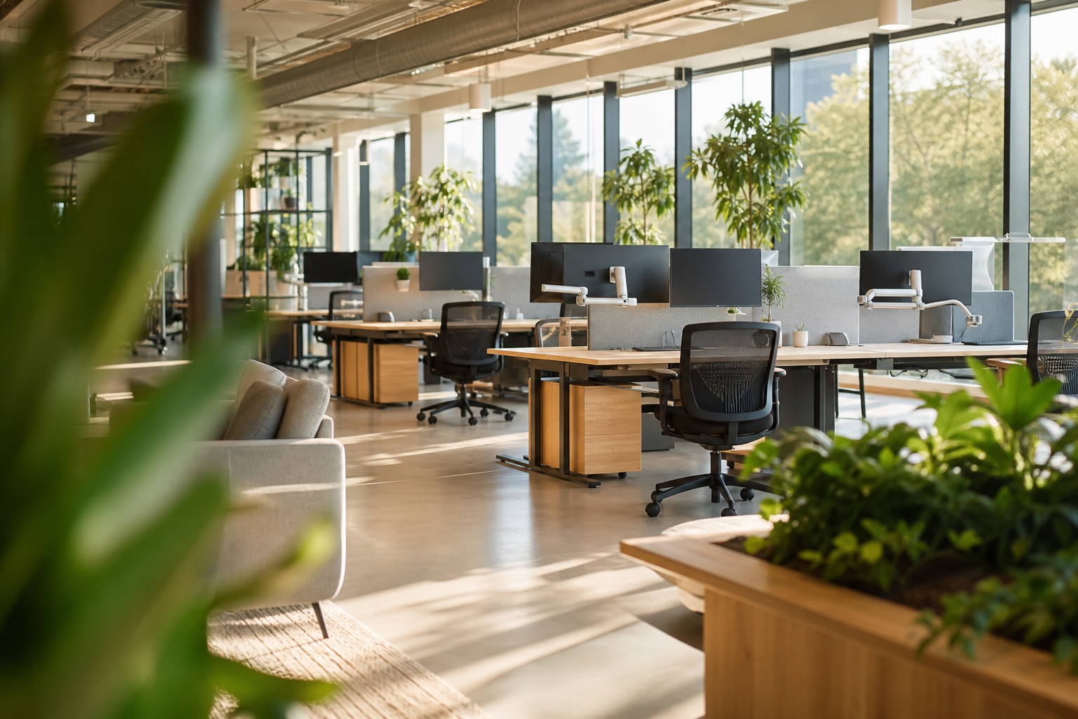 Sunlit office with plants and sit-stand desks