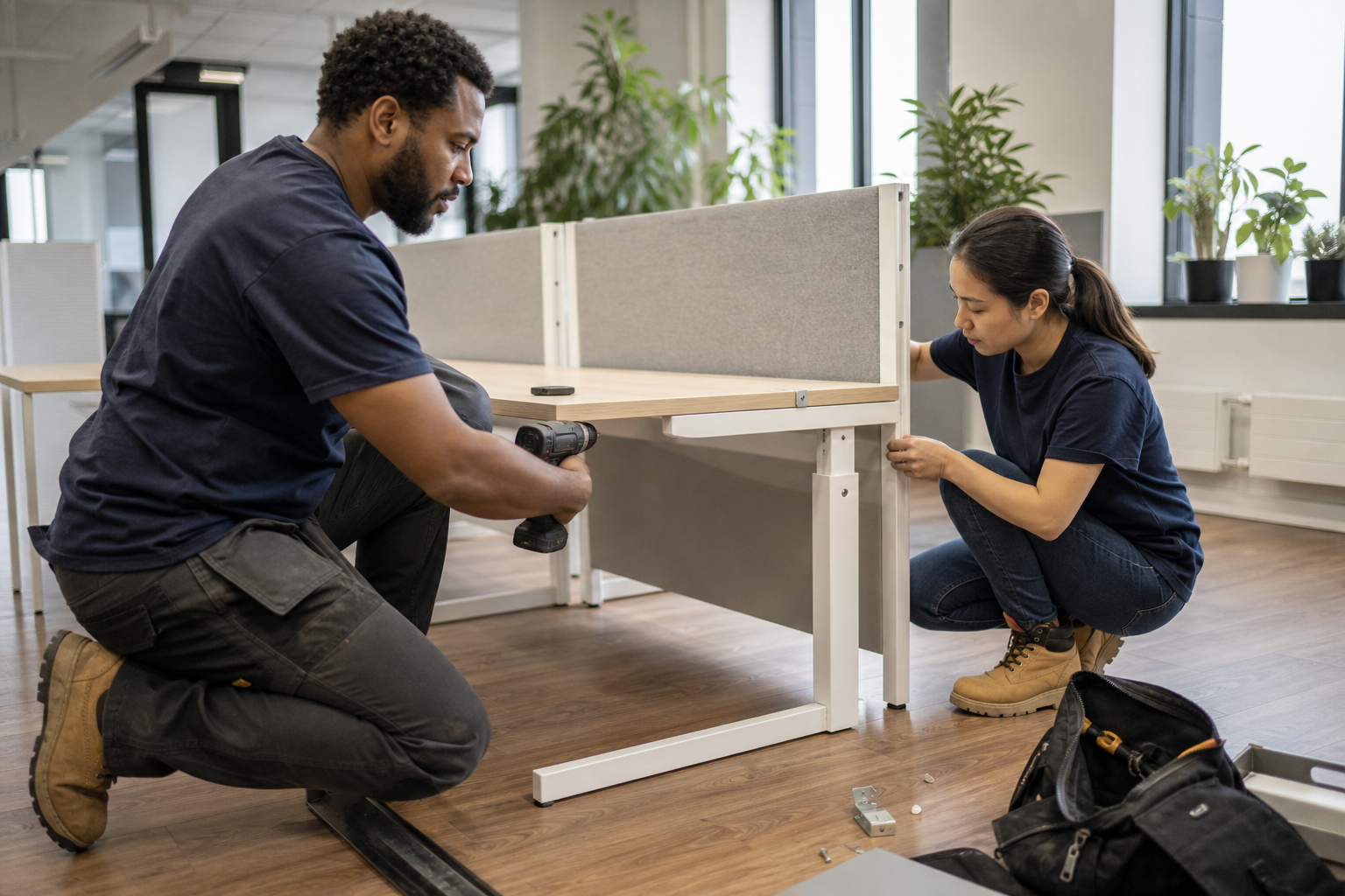 Technicians installing a desk system